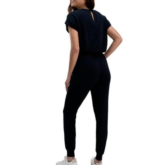 Splendid Flora Soft Black Knit Short Sleeve Elastic Waist Jogger Jumpsuit Lounge - Picture 2 of 14